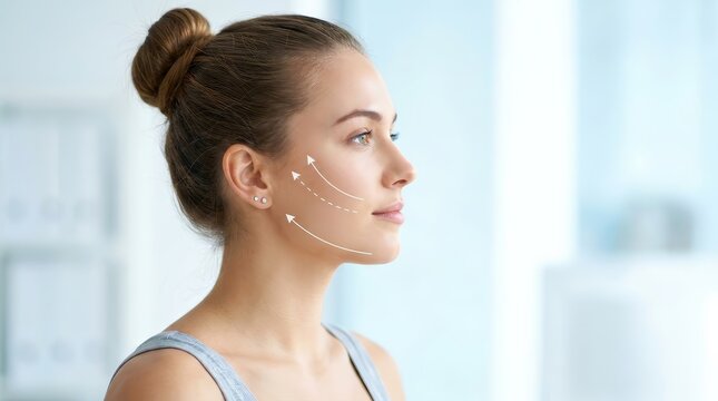 Young woman with face markings for a thread lift procedure.