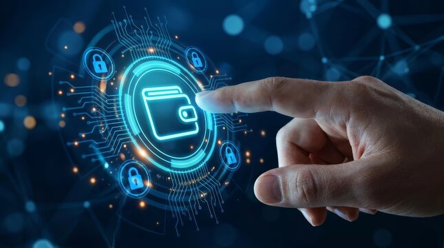 Person using a finger on a glowing interface to access a digital wallet app for secure online payment.