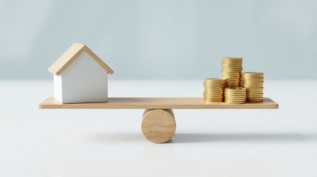 A conceptual photo showing the balance between mortgage rates and house prices on a seesaw.