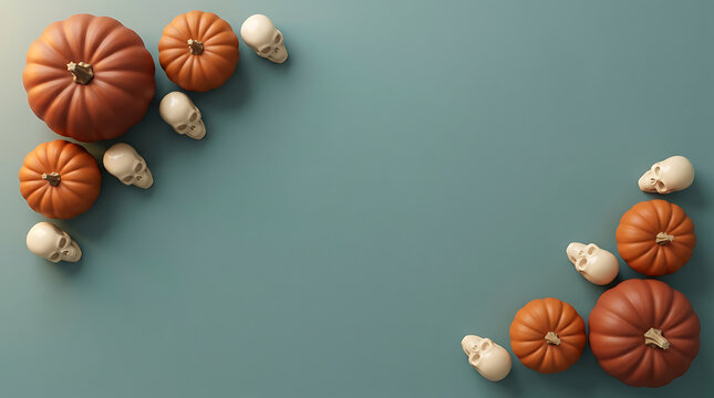 Orange pumpkins and small white skulls arranged as a festive Halloween border on a blue green background