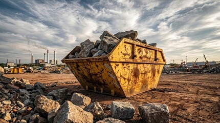 Fototapeta premium Rusty yellow skip container full of rocks at a construction and demolition site.
