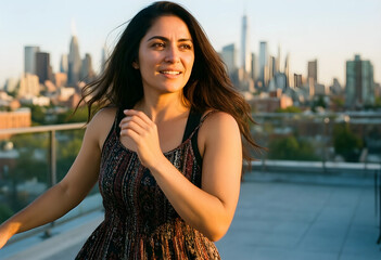 Obraz premium Urban lifestyle and city living, happy woman enjoying sunset on a rooftop terrace with skyline view for travel and metropolitan freedom concepts