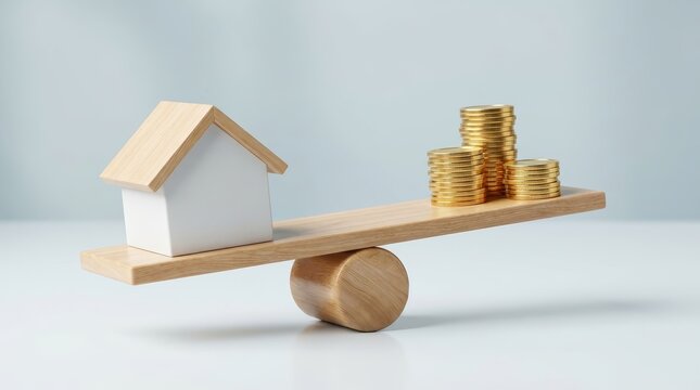 A conceptual photo showing the balance between mortgage rates and house prices on a seesaw.