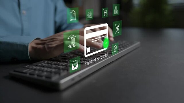 Digital payment successful concept. Person typing keyboard with confirmed check, e-wallet and money transfer icons, seamless online checkout and financial transaction.