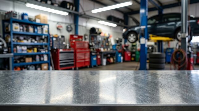 Metal workbench in the foreground of a blurry auto repair shop interior.
