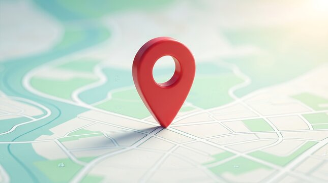A modern red location pin sits on a detailed map for navigation and travel planning.