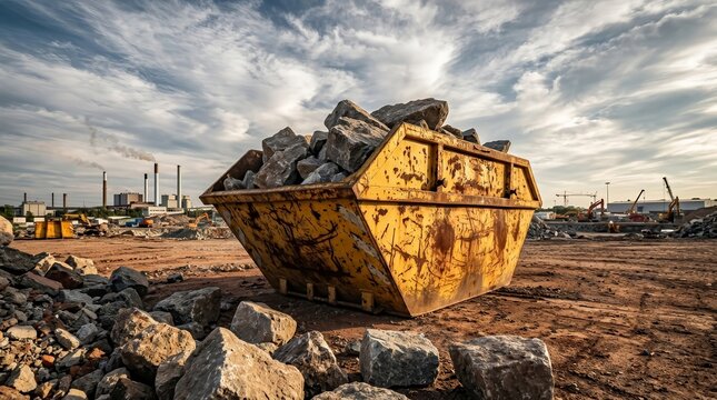 Rusty yellow skip container full of rocks at a construction and demolition site.