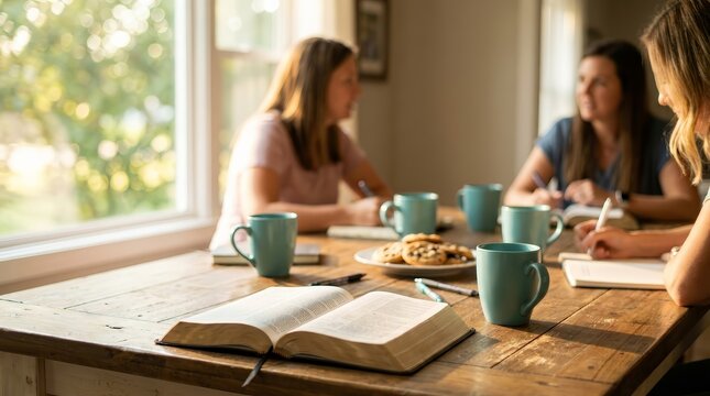 A group of women gather at a wooden table for Bible study with tea and cookies.