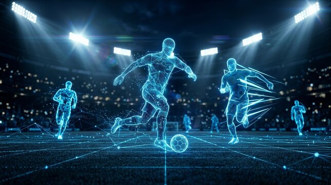Futuristic digital analysis of soccer players as glowing blue wireframes on a stadium field.