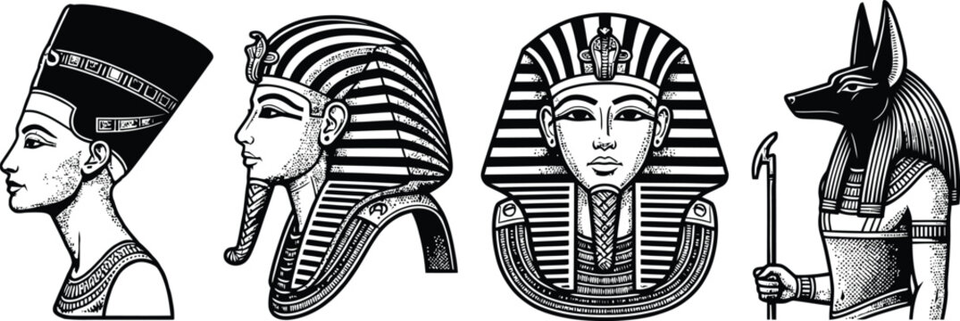 Egyptian pharaoh and deity character set featuring historical kings and queens illustration on transparent background