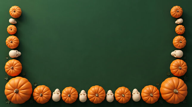 Small orange pumpkins arranged as a festive border frame on a dark green background for autumn and Thanksgiving holiday season