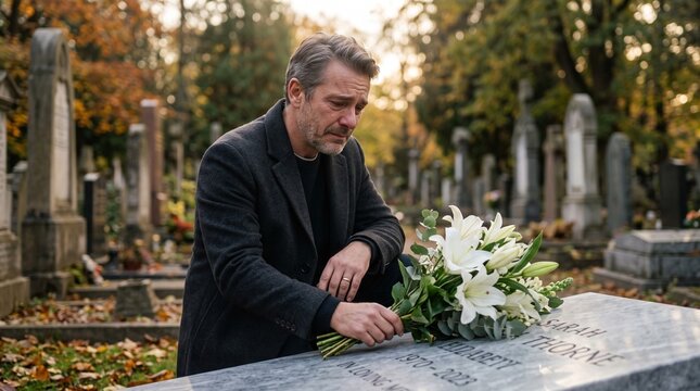 Sad Grieving Middle Aged Man Kneeling at a Grave Placing a Bouquet of White Lilies on a Headstone