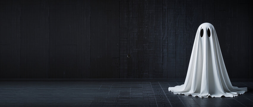 Classic white sheet ghost standing on dark wooden floor. Minimalist spooky Halloween background. Copy space for text