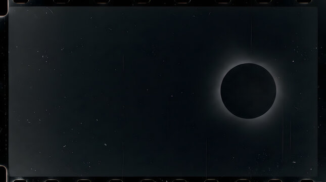 A vintage film frame showing a total solar eclipse with a dark moon against a starry sky