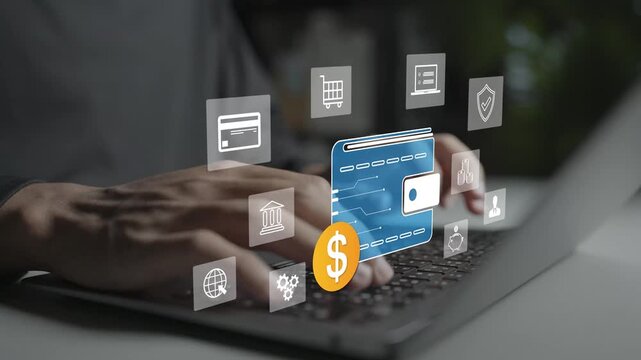 Digital wallet concept. Person using laptop with e wallet, credit card and cashless payment icons, online financial transaction, mobile banking and secure payment system.