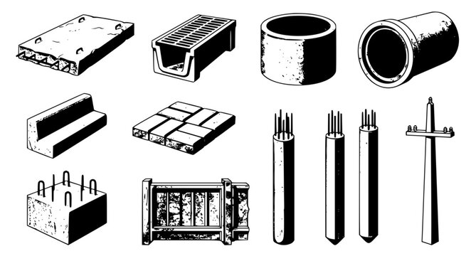 Precast reinforced concrete construction products vector icon set with slabs drainage trays well rings culvert pipes and utility poles
