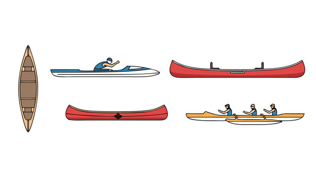 Collection of various canoes and kayaks for water sports and recreation