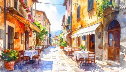 Fototapeta premium Historic Italian village street café scene with outdoor dining tables and vibrant Mediterranean flowers in watercolor style