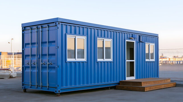 Modern blue cargo container modified into a comfortable portable office unit with glass windows, white door, and wooden step stairs outside