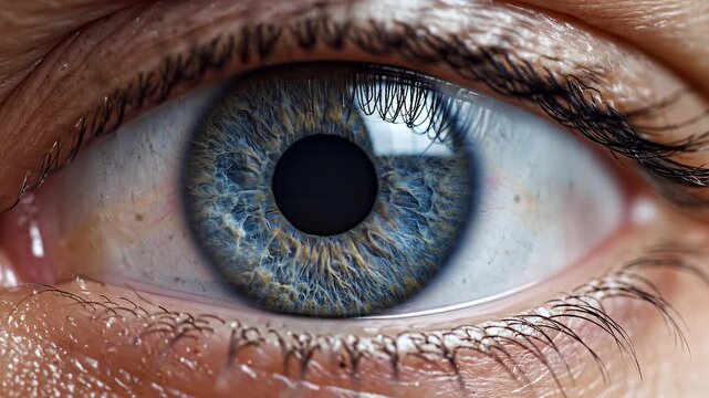 Close-up human blue eye with subtle blinking motion in soft natural lighting