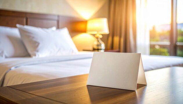 Blank folded paper tent card placed on a wooden table inside a cozy luxury hotel bedroom suite for guest hospitality stay