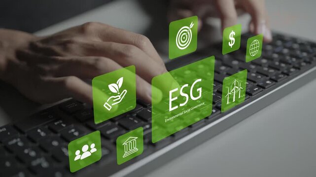 ESG Environmental Social Governance concept. Person typing keyboard with leaf eco, social care and governance scale icons, corporate sustainability and ethical business standards.