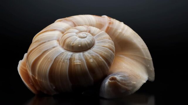Seashell rests on dark surface showing spiral texture and curved form, with warm highlights revealing layered ridges and natural patterns in close view for decorative nature and marine object searches