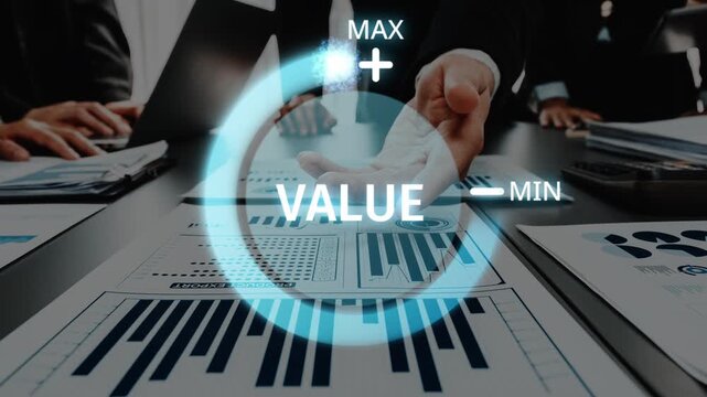 A dynamic business setting showcasing a presentation focused on data analysis. The image highlights value metrics and graphical representations to emphasize trends. Raster