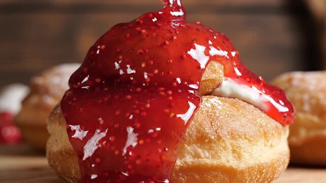 Cream puff topped with strawberry jam slowly drizzled in soft studio lighting