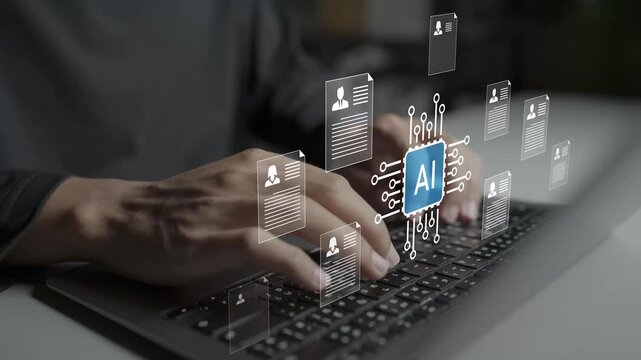 AI recruitment concept. Person using laptop with AI candidate matching, resume scanner and user search icons, automated talent acquisition and smart hiring technology.