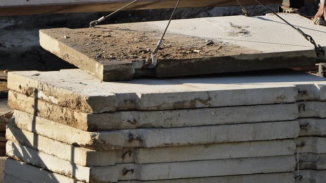 A construction crane, together with a builder, is stacking heavy slabs.