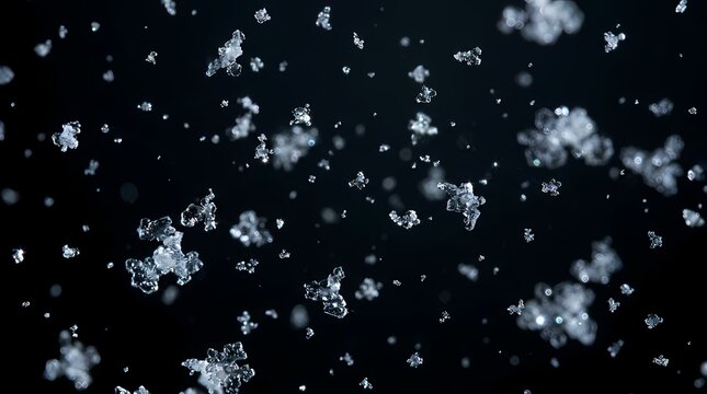Close-up of frozen micro ice crystals floating in dark abstract background with glowing highlights