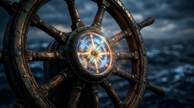 Vintage wooden ship wheel with glowing magic compass on stormy ocean
