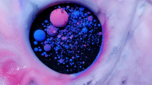 Pink and Blue Liquid Droplets in a Black Circle, Abstract 4K Video Background