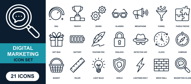 Digital Marketing Icon Set: A comprehensive collection of 21 clean, modern icons representing various aspects of digital marketing, including search, strategy, achievement, communication, and growth.