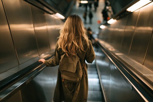 Woman in Olive Coat Ascending Escalator