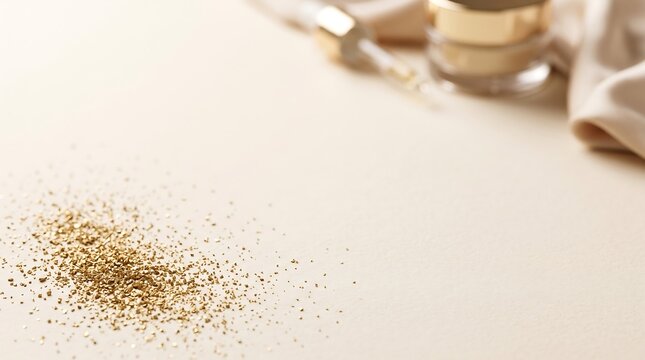 Luxury gold glitter powder on beige background. Elegant cosmetic product mockup with silk fabric. Premium skincare beauty flat lay.