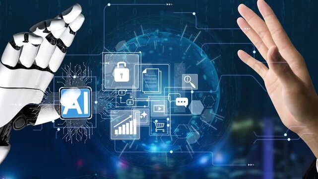 Futuristic Interaction Between Human Hand and Robotic Hand with Digital Icons Representing Security, Data, and Communication Technologies Gluon.
