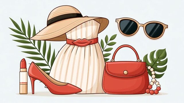 Fashionable women's dress, lipstick, lips, glasses, high-heeled shoes, beads