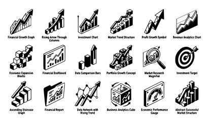 Fototapeta premium Isometric Financial Growth Chart Arrow and Market Analytics Vector Icon Collection