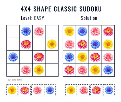 Easy 4x4 shape Classic Sudoku puzzle with colorful flowers and completed solution printable beginner logic activity