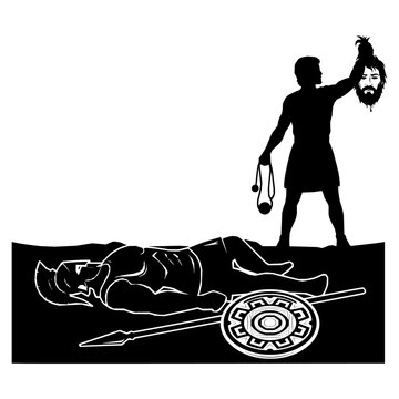 Ancient hero vector silhouette triumphant over defeated giant adversary, holding severed head and traditional sling, epic mythological battle victory concept illustration