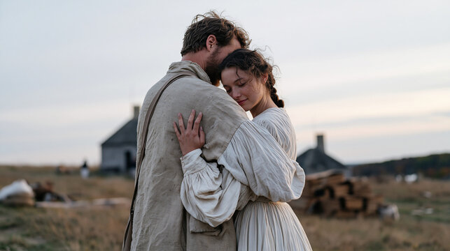 A living history reenactor and her partner celebrate a milestone market day achievement at a desolate heritage site a stack of wooden crates packed and ready beside them as