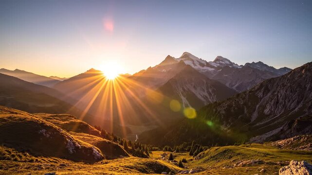 Mountain sunrise progression with golden hour light illuminating peaks and valleys during dawn