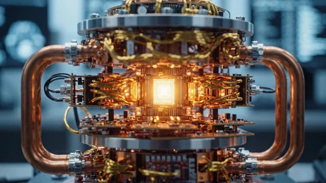 Advanced quantum processor core glowing with energy in high-tech laboratory research facility quantum computing
