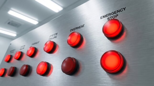 Close-up of industrial control panel with red emergency stop button and system failure warning lights on metal surface