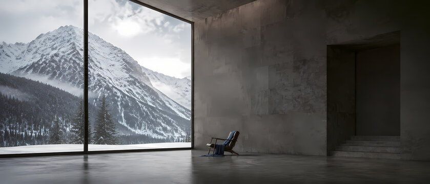 Minimalist concrete interior with a solitary lounge chair beside a floor-to-ceiling window overlooking snow-covered mountains, creating a cold, serene and contemplative winter atmosphere