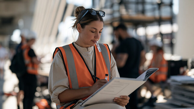 bridge inspector with glasses pushed up on her forehead tastes mineral water from a test vial while assessing a structural report in a busy urban underpass, wide establishing view