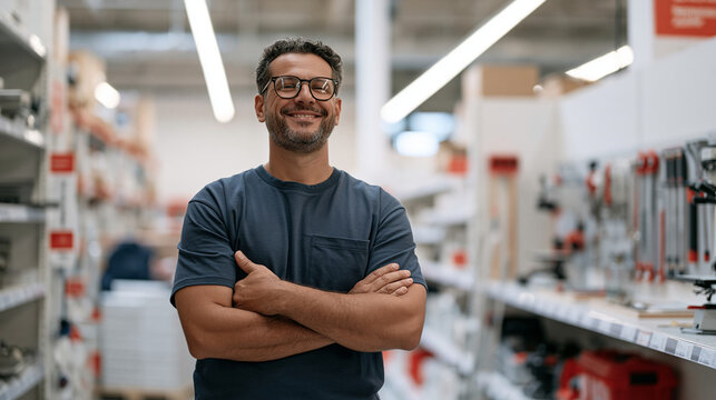 A retail IT support worker stepping back in a busy store aisle to assess a full shelf restocking display, a clean organized tool station visible at the end of the aisle,