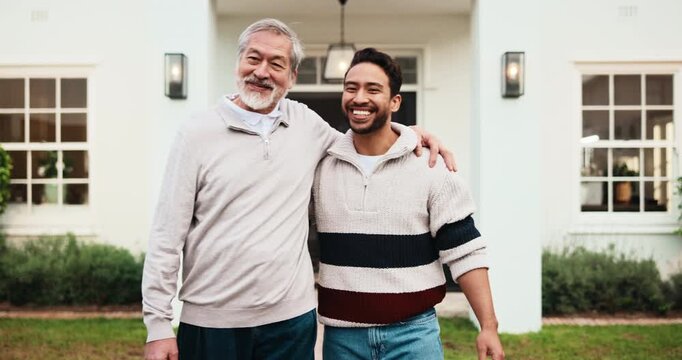 Home, father and adult son with smile for family property, real estate or retirement inheritance. Portrait, dad and happy man with hug, support or love for financial investment, security or safety